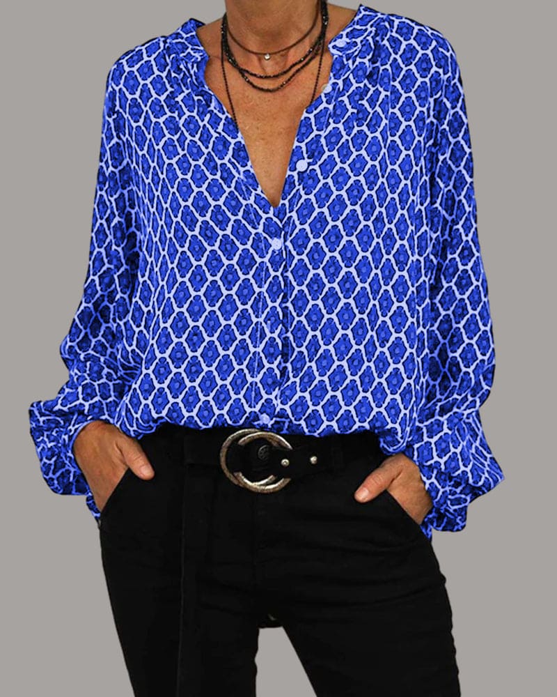 Damesblouse met geometrische print en vrouwelijke V-hals
