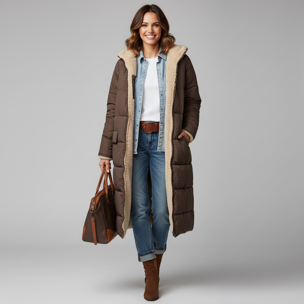 Lange comfortabele damesjas met zachte voering en stijlvolle snit