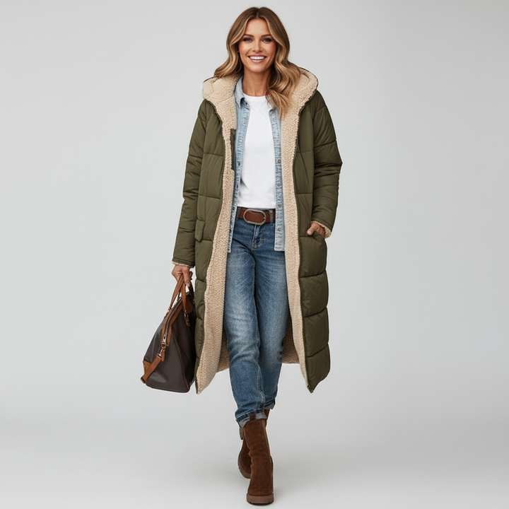 Lange comfortabele damesjas met zachte voering en stijlvolle snit