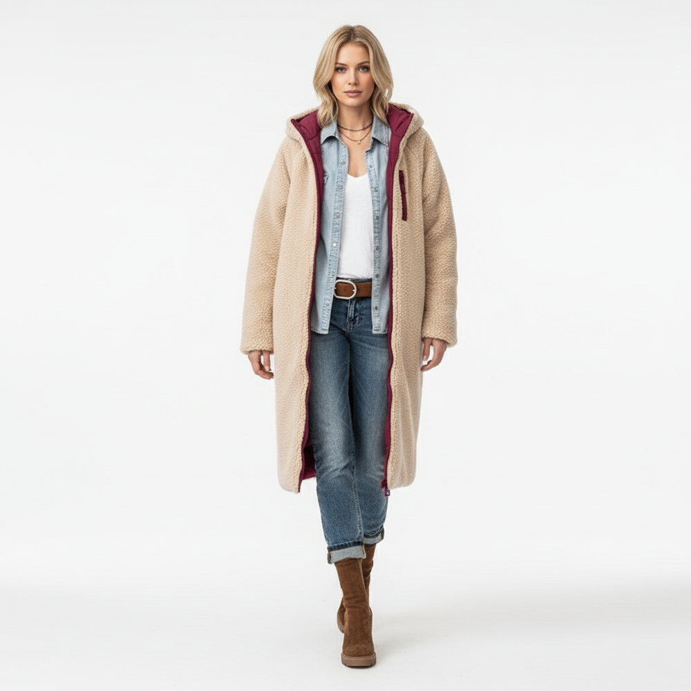 Lange comfortabele damesjas met zachte voering en stijlvolle snit