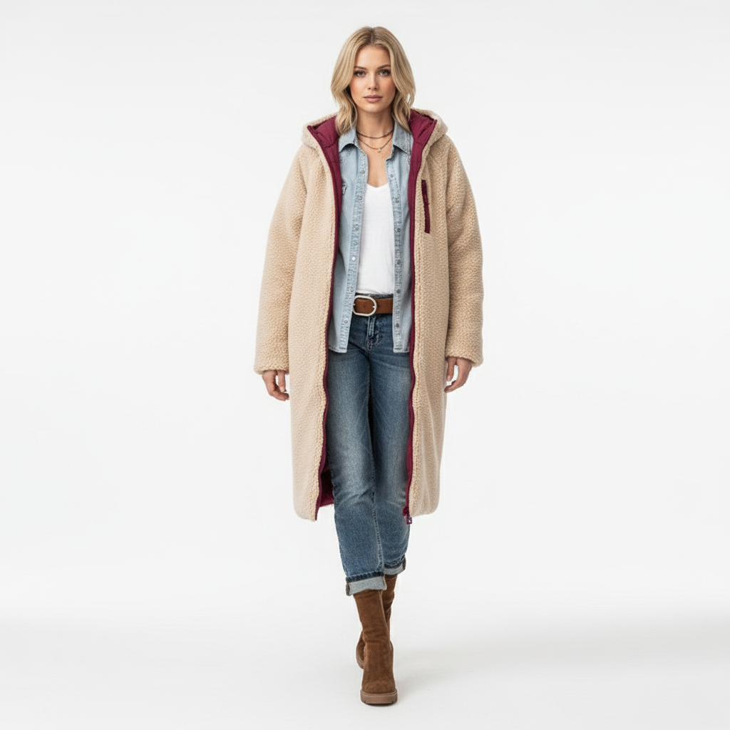 Lange comfortabele damesjas met zachte voering en stijlvolle snit