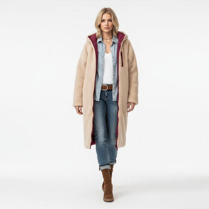 Lange comfortabele damesjas met zachte voering en stijlvolle snit