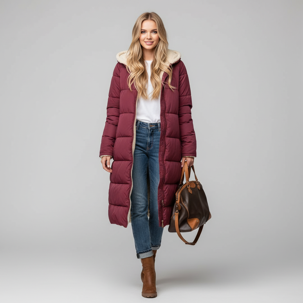 Lange comfortabele damesjas met zachte voering en stijlvolle snit