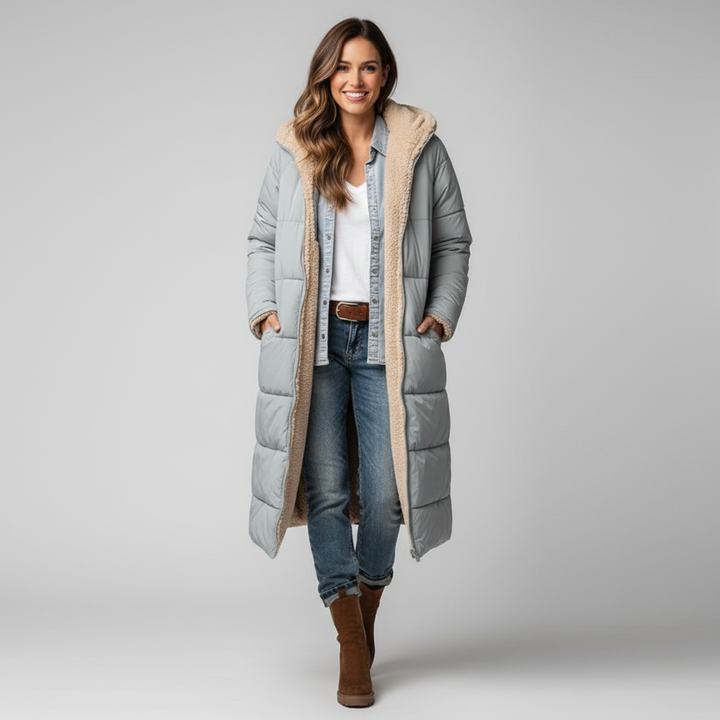 Lange comfortabele damesjas met zachte voering en stijlvolle snit