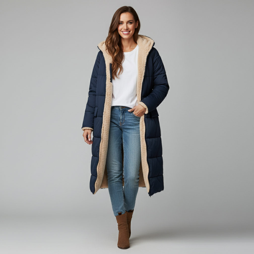 Lange comfortabele damesjas met zachte voering en stijlvolle snit