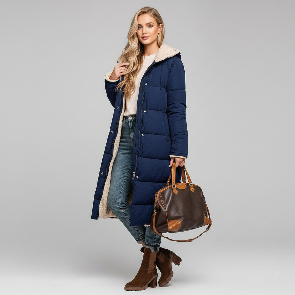 Lange comfortabele damesjas met zachte voering en stijlvolle snit