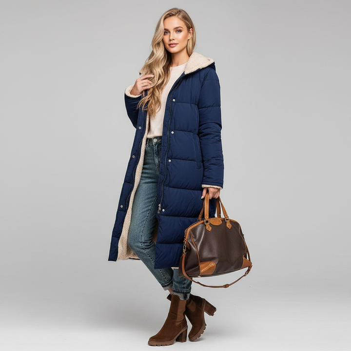 Lange comfortabele damesjas met zachte voering en stijlvolle snit