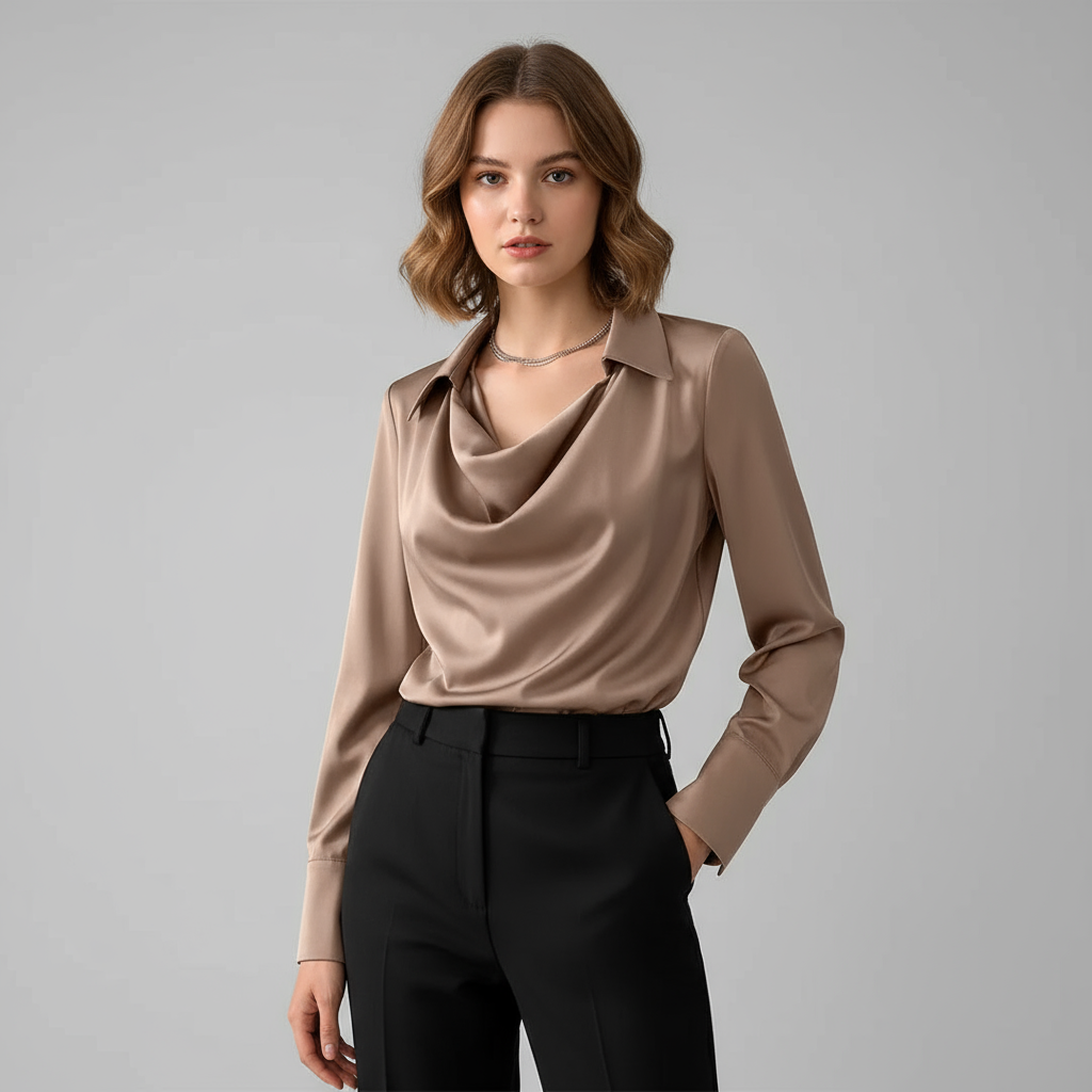 Grace satijnen damesblouse van Lenoriva – luxe glanzend shirt met elegante pasvorm en vrouwelijke uitstraling