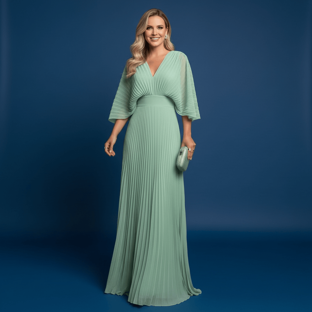 Sierlijke geplooide maxi-jurk met vloeiende stof en elegante vrouwelijke snit