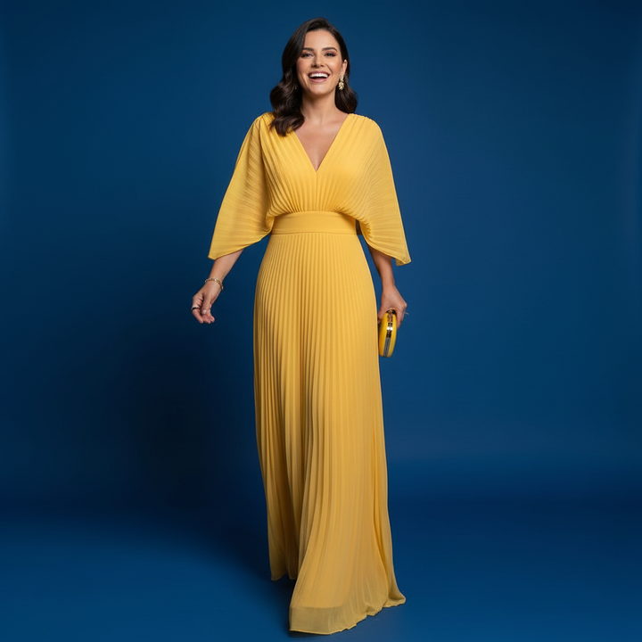 Sierlijke geplooide maxi-jurk met vloeiende stof en elegante vrouwelijke snit