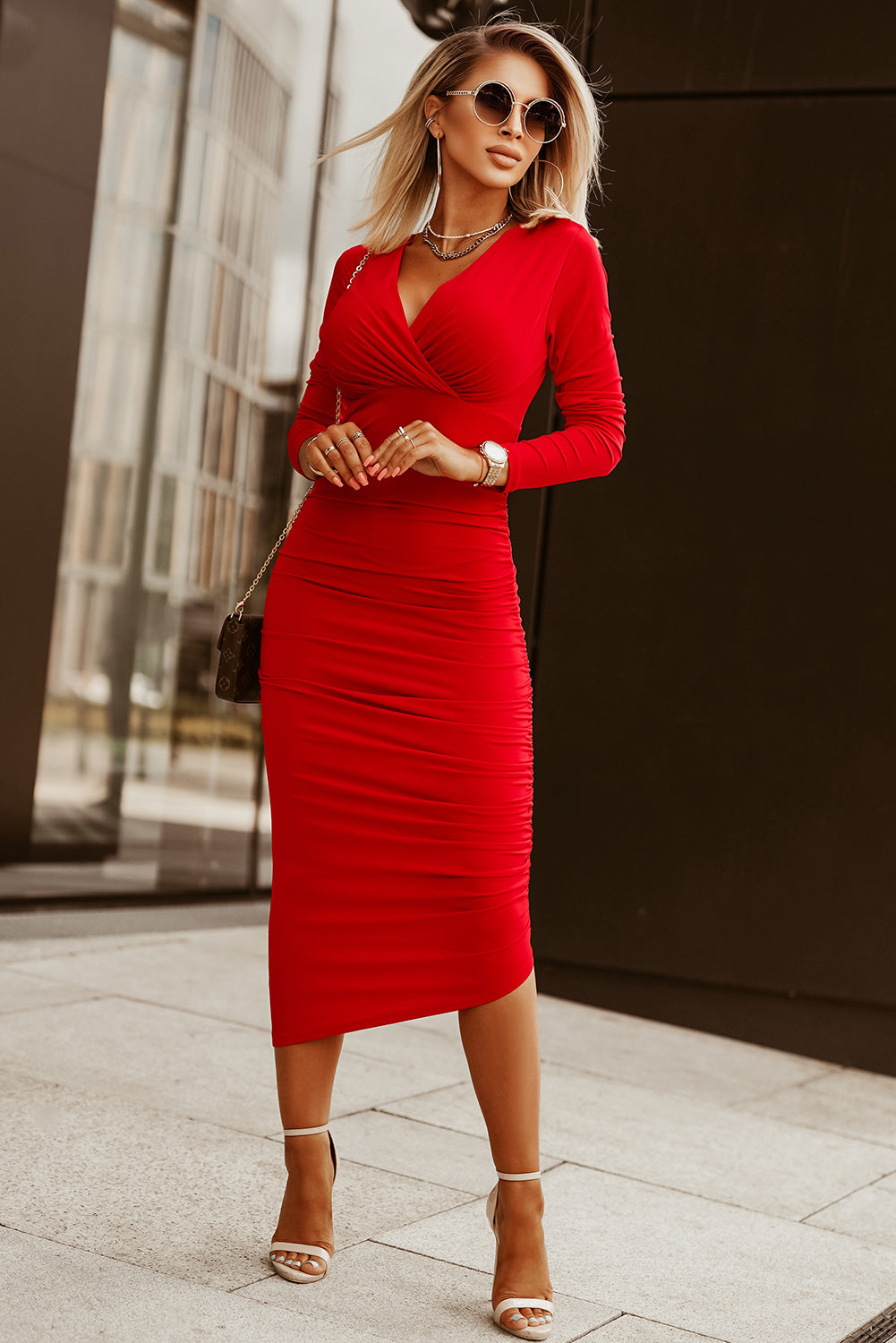 Sophie rood langarm wikkeljurk dames midi elegant comfortabel veelzijdig chic feest werk