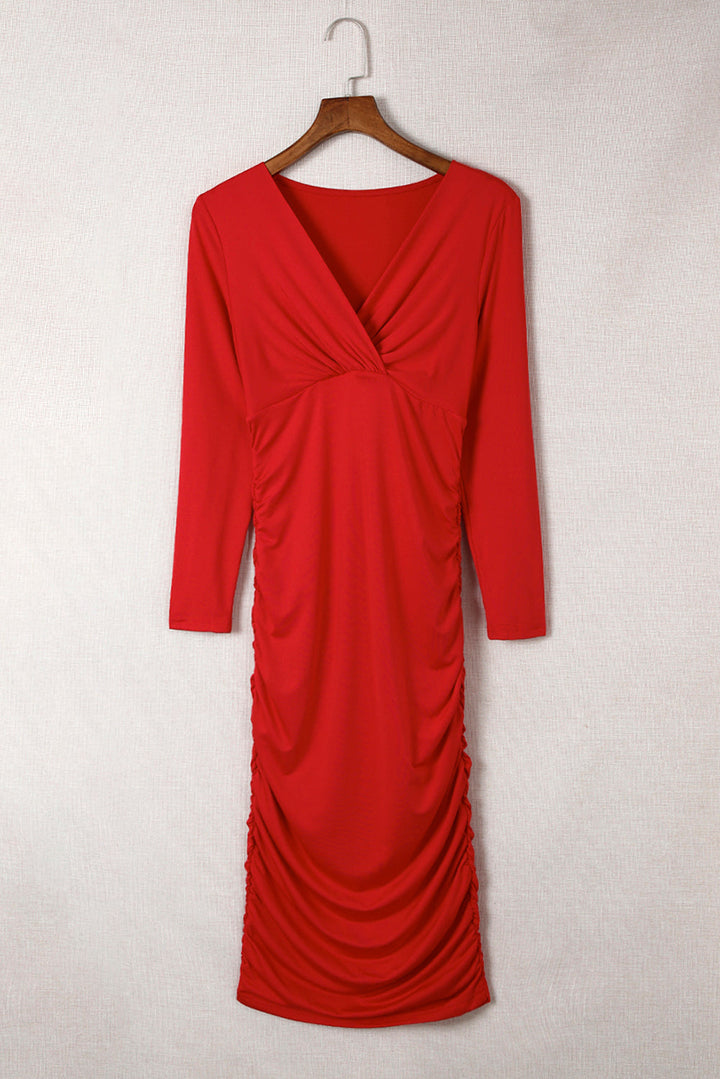 Sophie rood langarm wikkeljurk dames midi elegant comfortabel veelzijdig chic feest werk