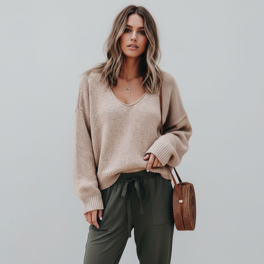 Estelle damestrui met V-hals van Lenoriva – zachte, elegante knitwear voor vrouwen