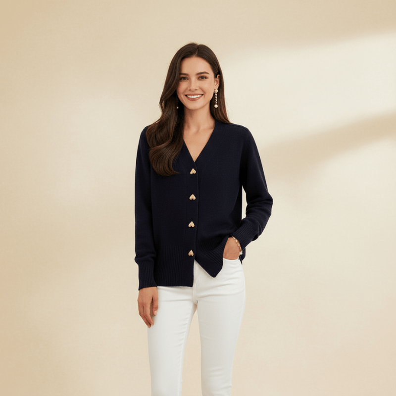 Aurélie vest met hartvormige knopen van Lenoriva – elegant gebreid damesvest met romantische details