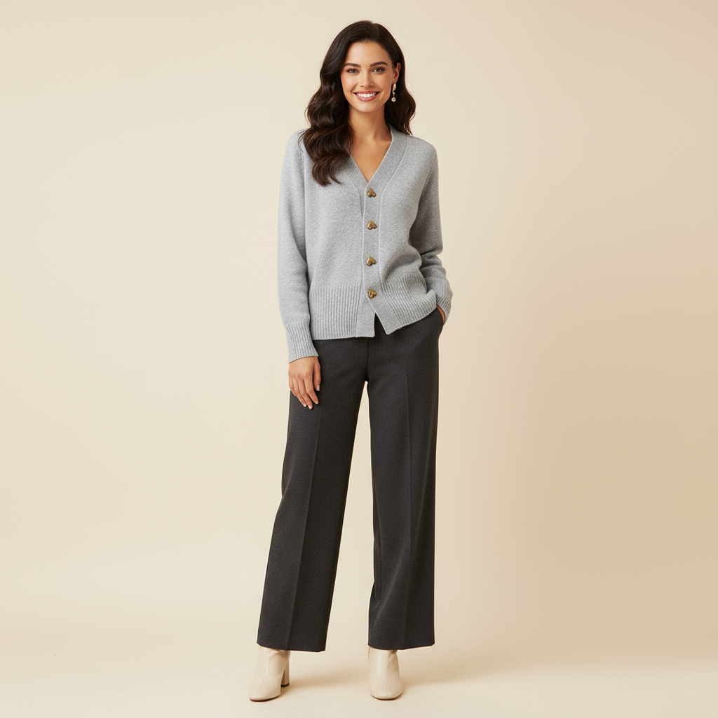 Aurélie vest met hartvormige knopen van Lenoriva – elegant gebreid damesvest met romantische details