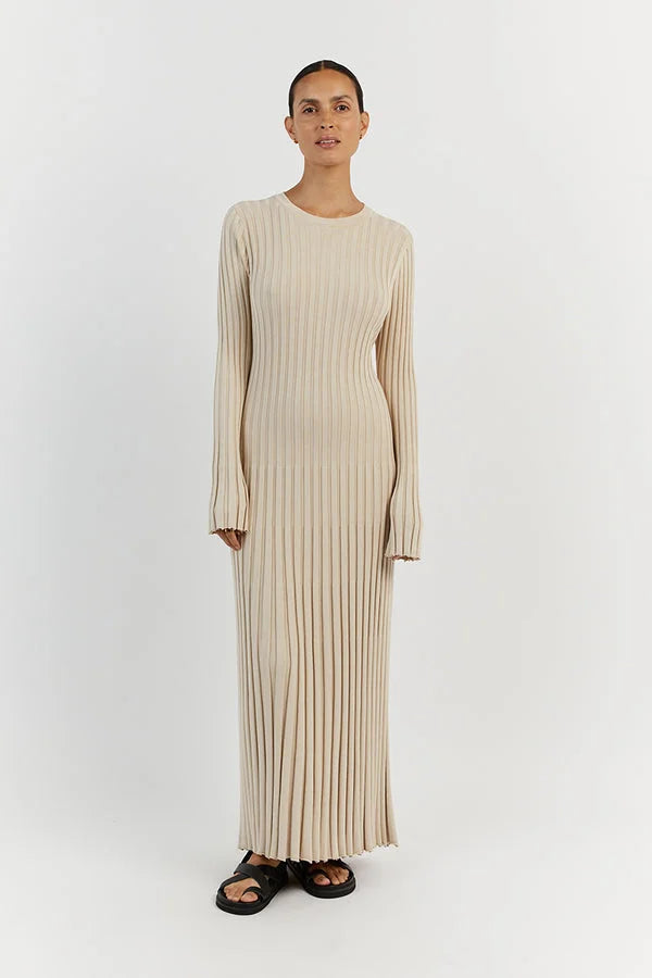 Elara – Gebreide Midi Jurk met Lange Mouwen
