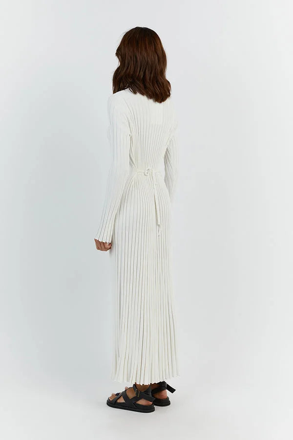 Elara – Gebreide Midi Jurk met Lange Mouwen