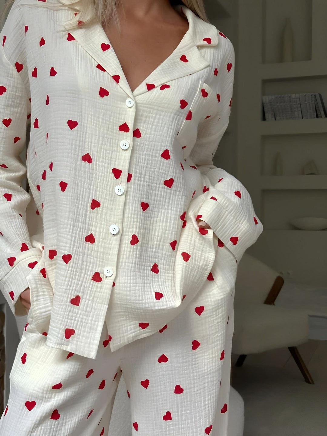 Sanne – Witte Pyjama Met Hartprint